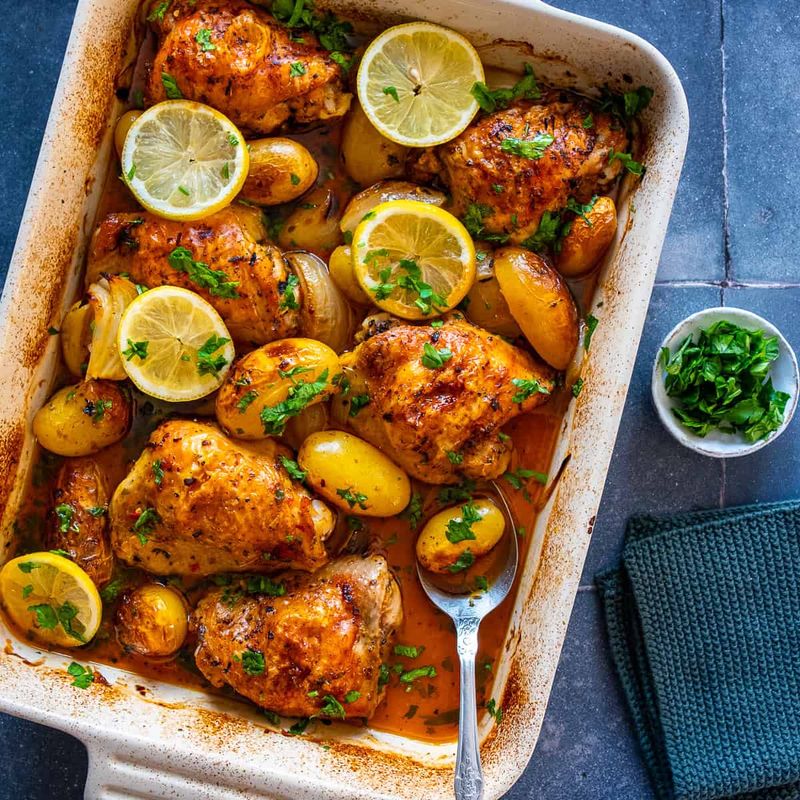 Lemon Garlic Chicken Thighs With Roasted Potatoes