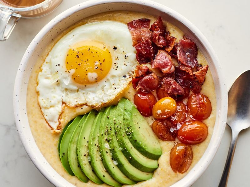 Grits + bacon and a runny egg