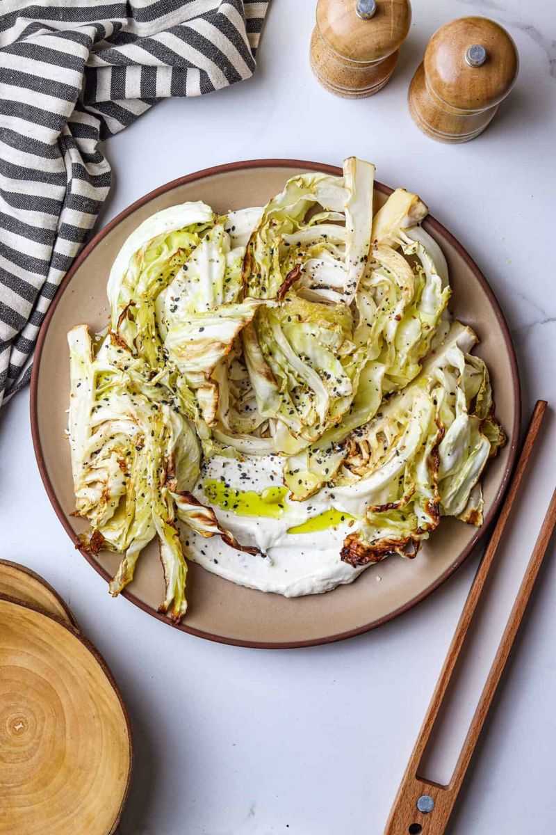 Roasted cabbage wedges with mustard sauce
