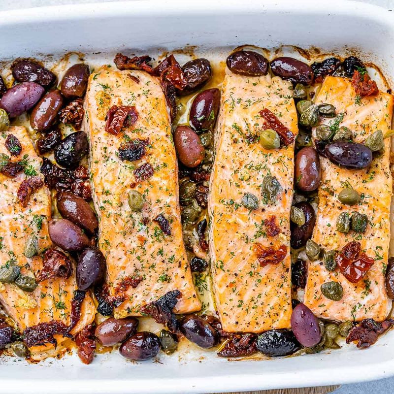 Mediterranean salmon with olives and feta