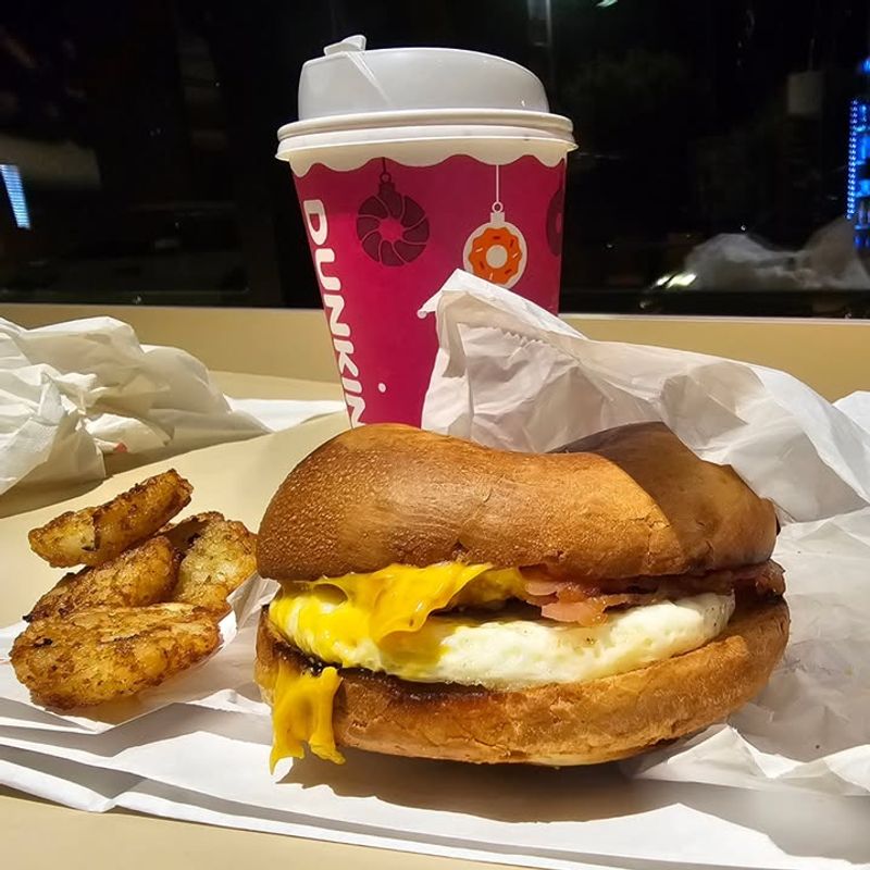 Dunkin’: Wake-Up Wrap (Egg & Cheese) + Hash Browns + Small Hot Coffee