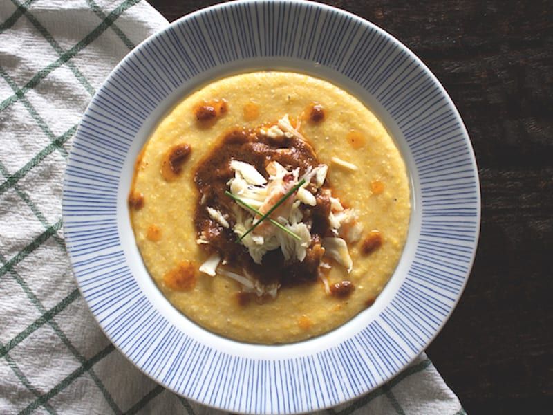 Grits + crab and Old Bay-style seasoning