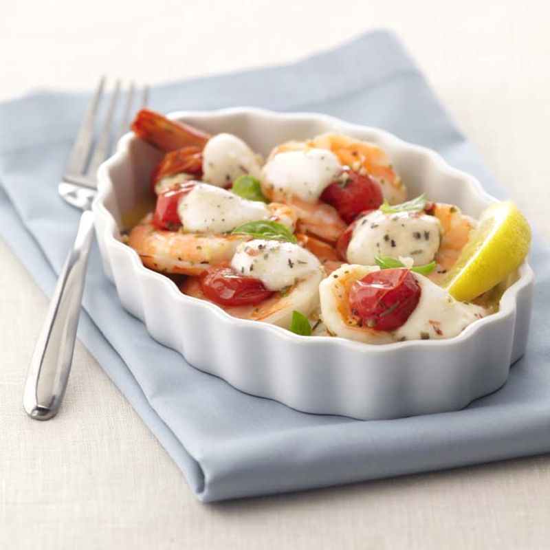 Garlic Basil Shrimp Caprese Bake