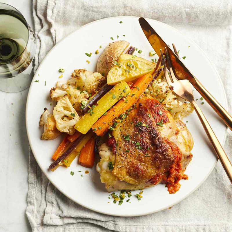 Harissa Roasted Chicken with Cauliflower and Carrots