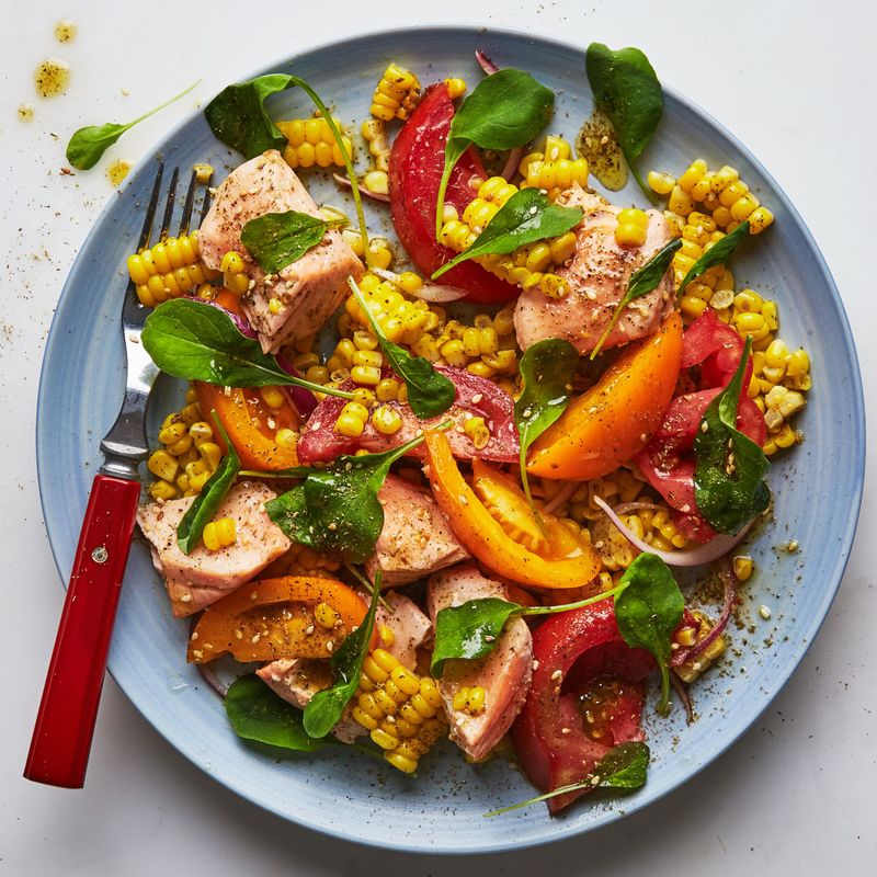 Summer Corn, Tomato, and Salmon Salad With Za’atar Dressing