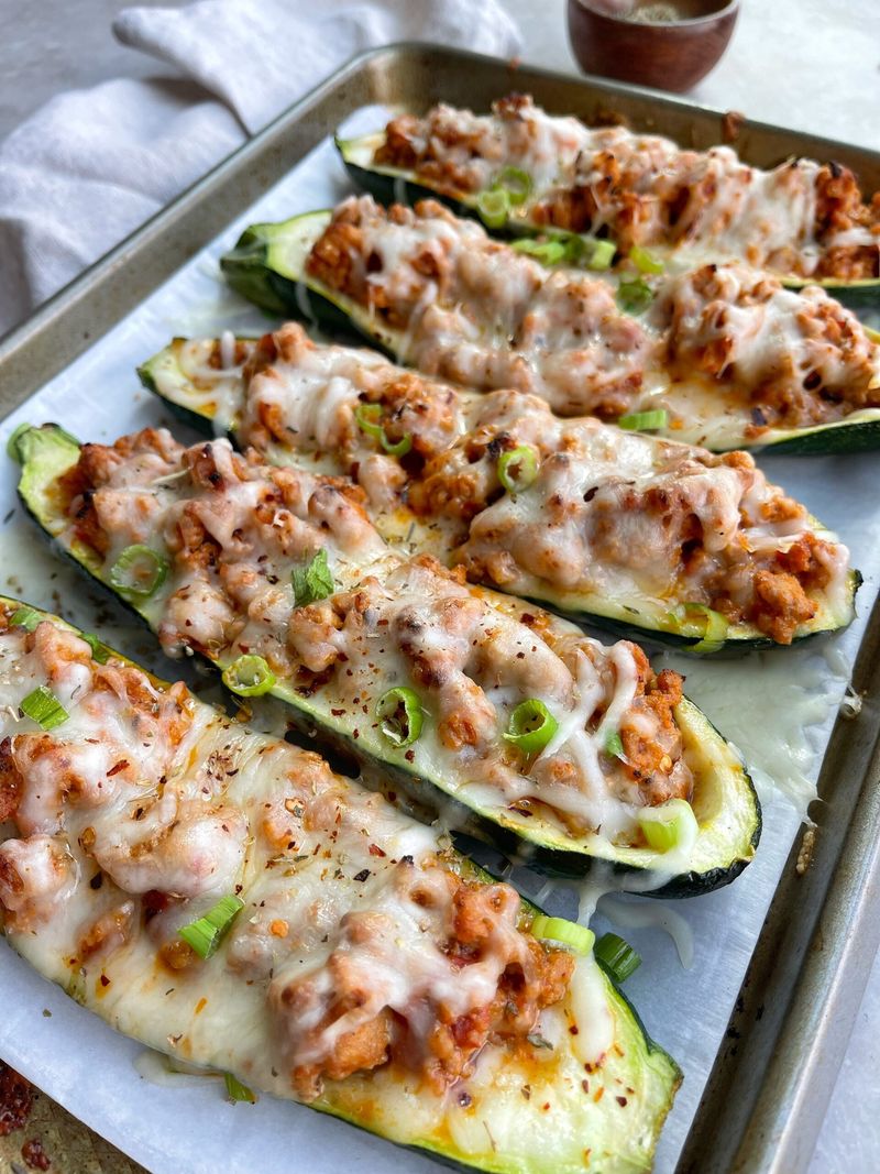 Pesto Turkey Zucchini Boats