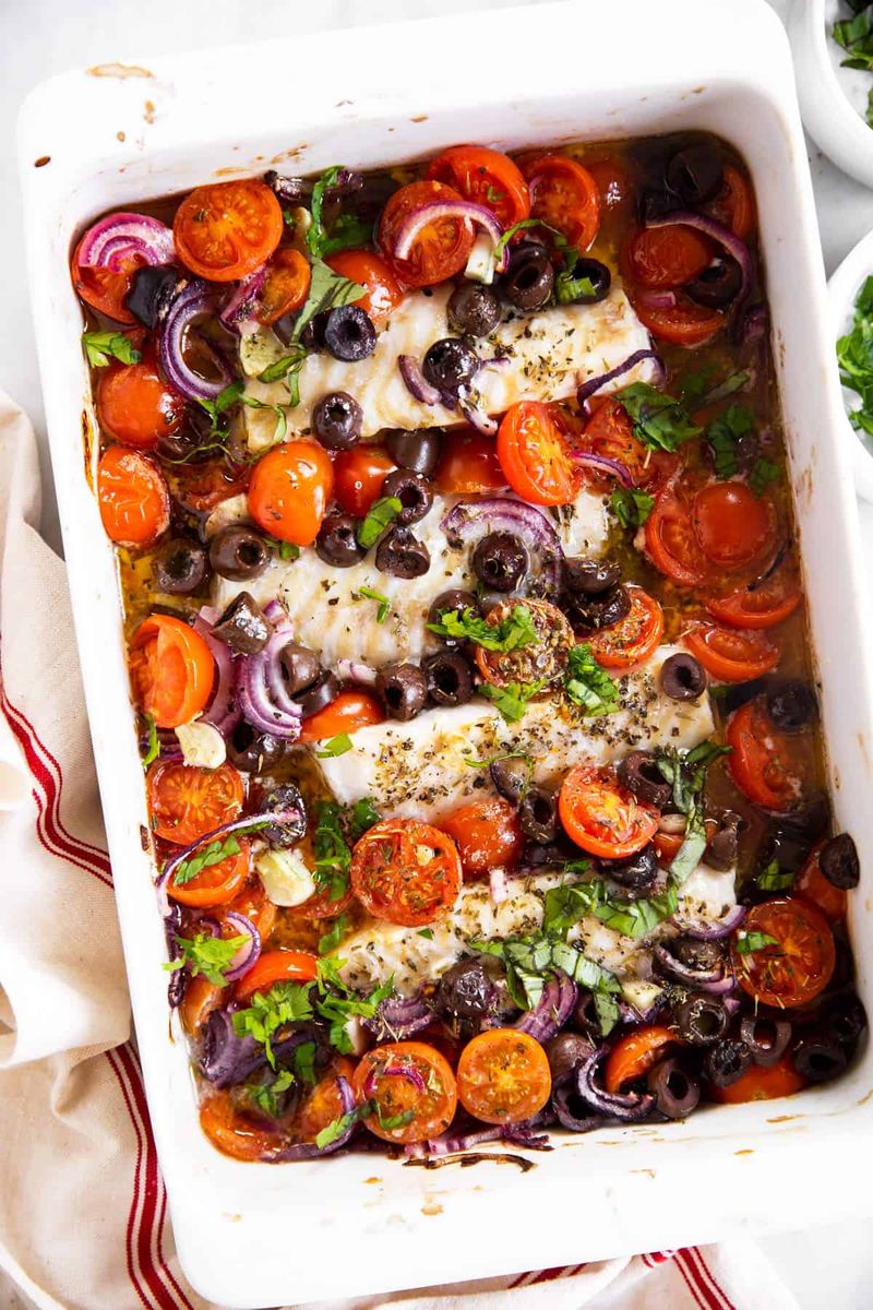 Mediterranean baked fish with tomatoes and olives