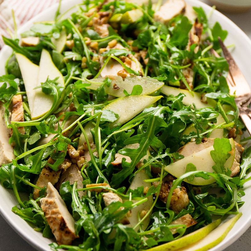 Spinach, Pear, and Walnut with Tahini Lemon Dressing
