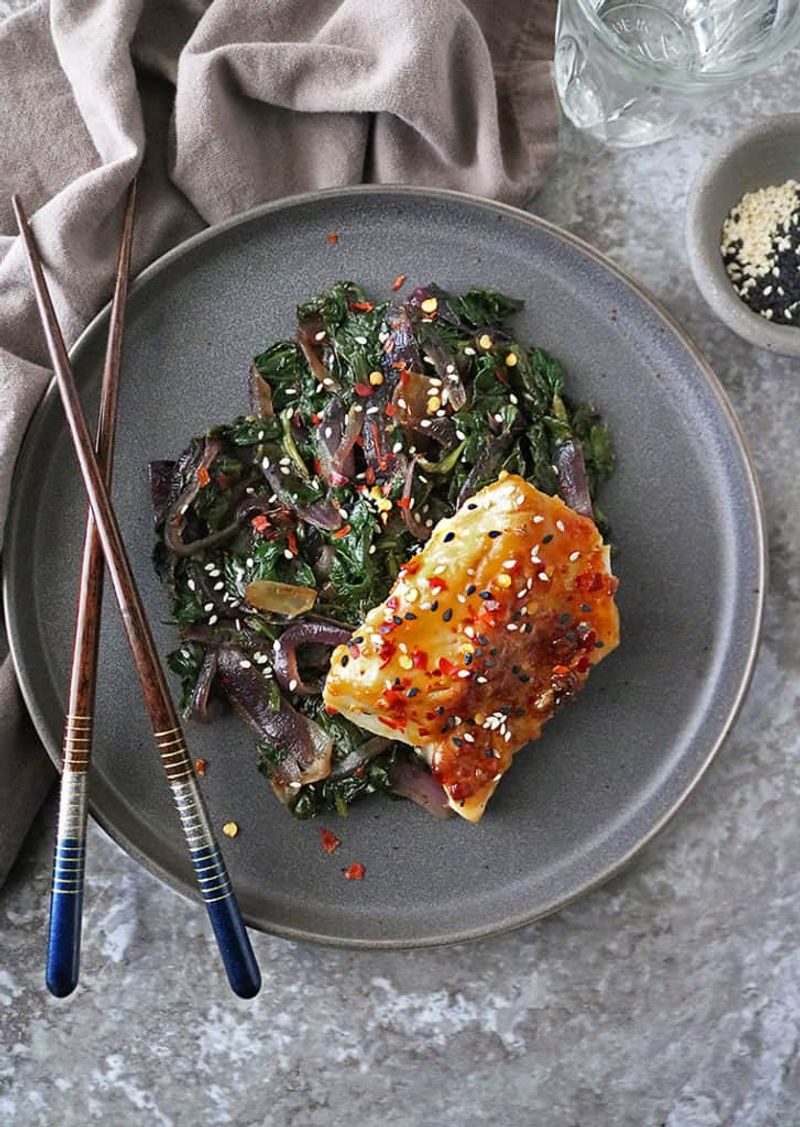 Miso-Ginger Glazed Cod with Sesame Spinach