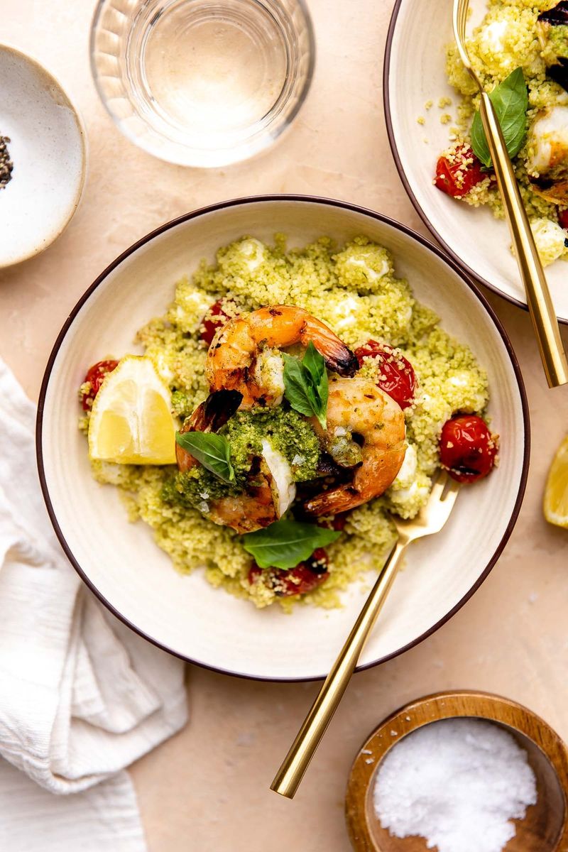 Pesto Shrimp with Cherry Tomatoes over Cauliflower Rice