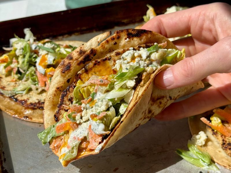 Buffalo Chicken Smash Tacos