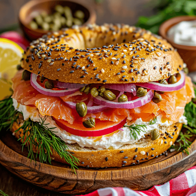 Breakfast Bagel with Cream Cheese and Smoked Salmon