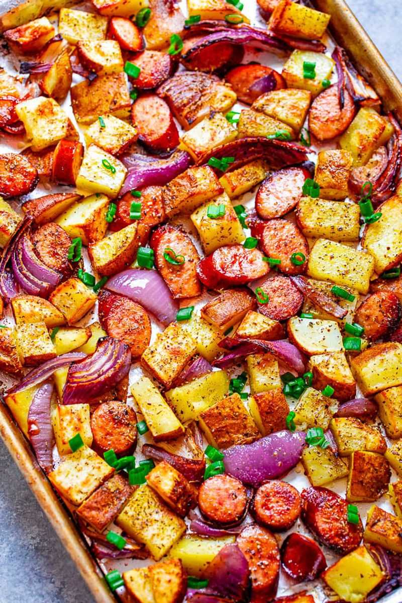 Sheet-Pan Sausage, Peppers, And Frozen Potatoes
