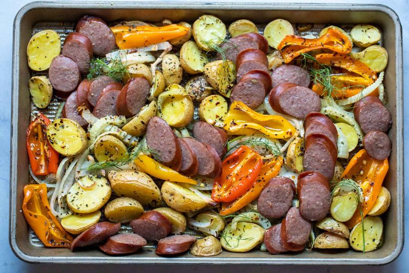 Sheet-Pan Kielbasa with Potatoes and Onions