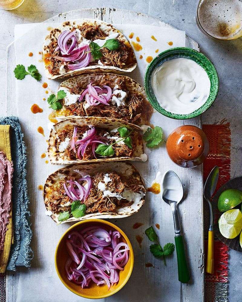 Chicken Tinga Tacos With Pickled Red Onions