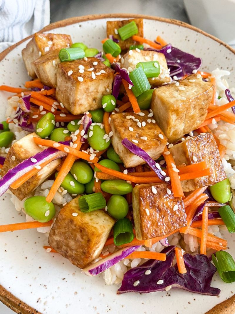 Crispy Tofu Rice Bowls with Crunchy Slaw