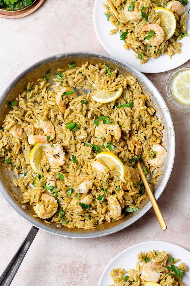 Pesto Shrimp Orzo Skillet
