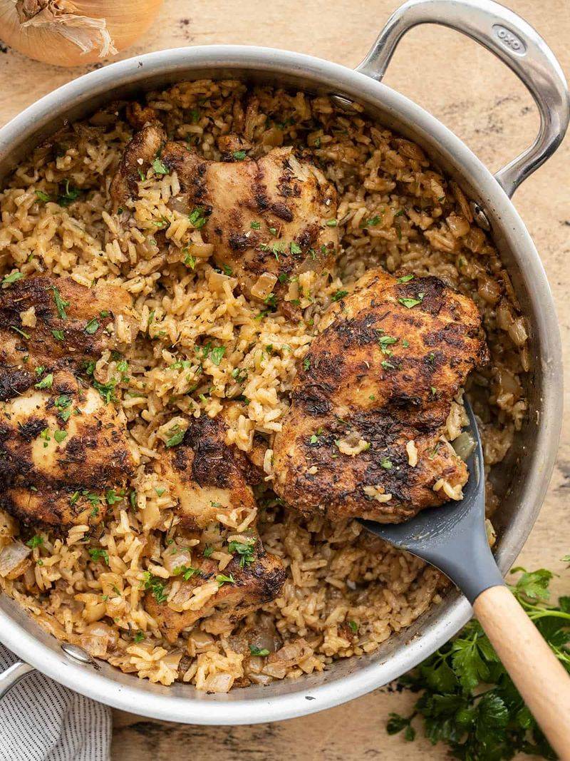 One-Pot Chicken Thighs and Rice Pilaf
