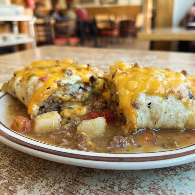 New Mexico: Rolled Smothered Green Chile Burrito at Frontier Restaurant