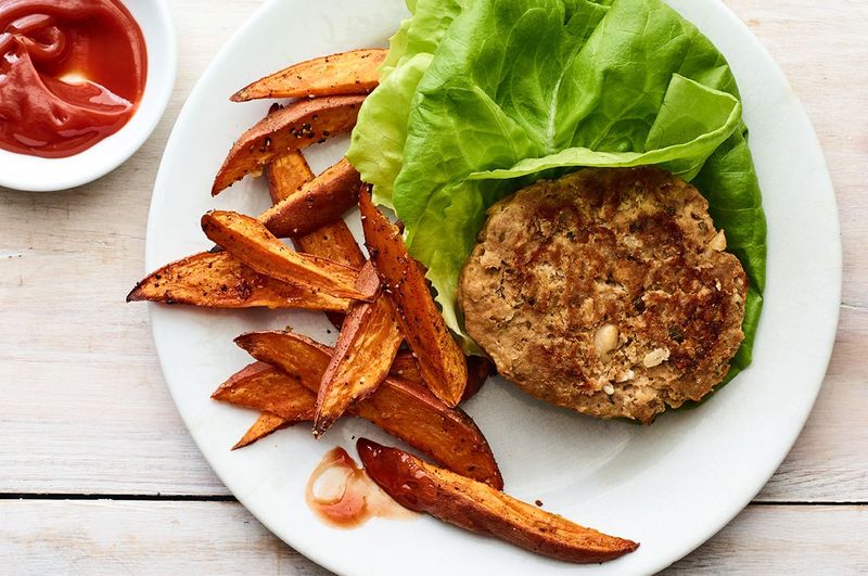 Turkey Burger Lettuce Wrap with Sweet Potato Wedges
