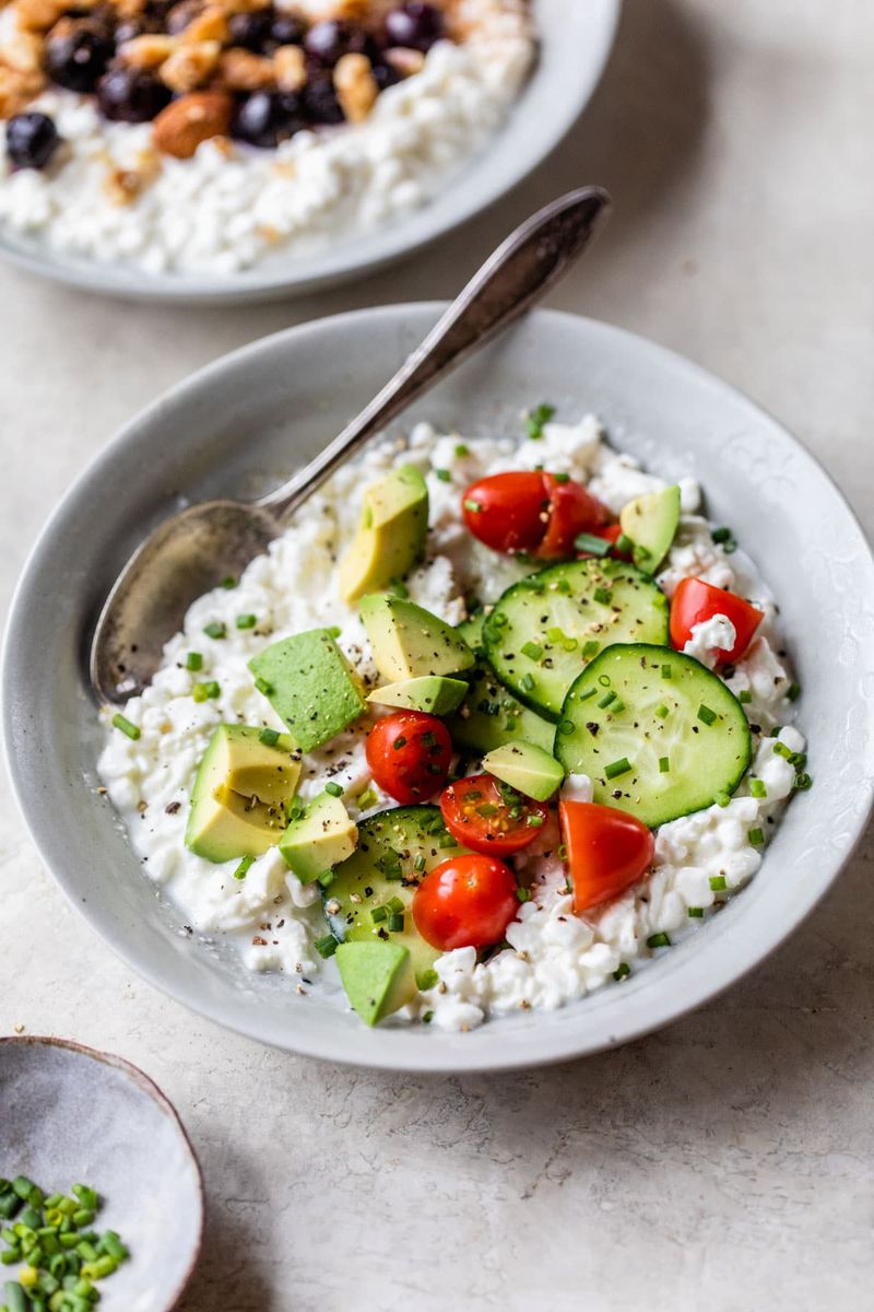 Cottage cheese with cucumber, tomatoes, and everything seasoning