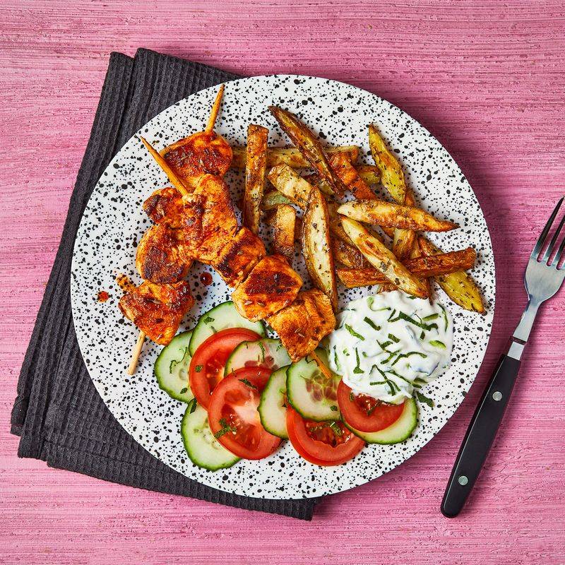 Chicken and Veggie Skewers with Tzatziki