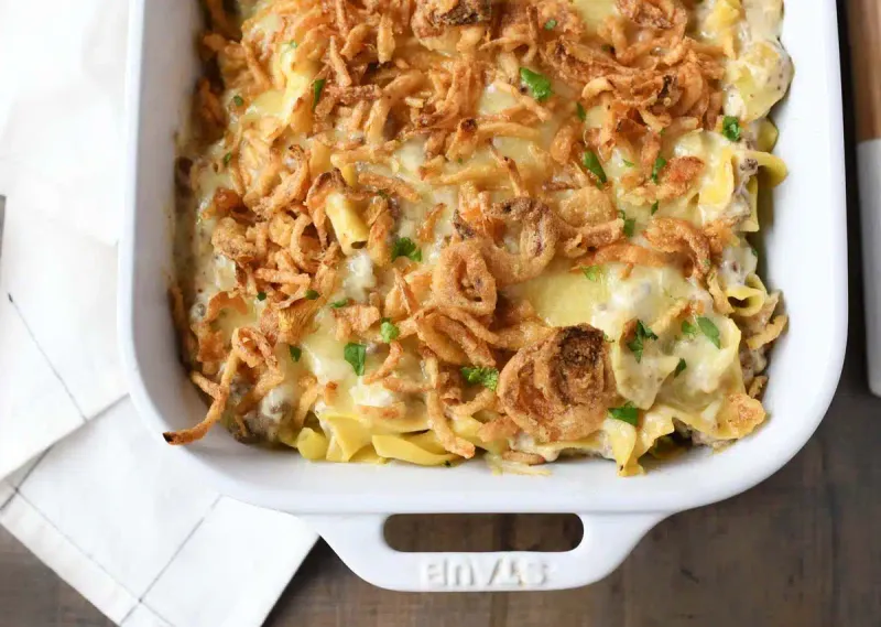 French Onion Beef and Noodle Bake