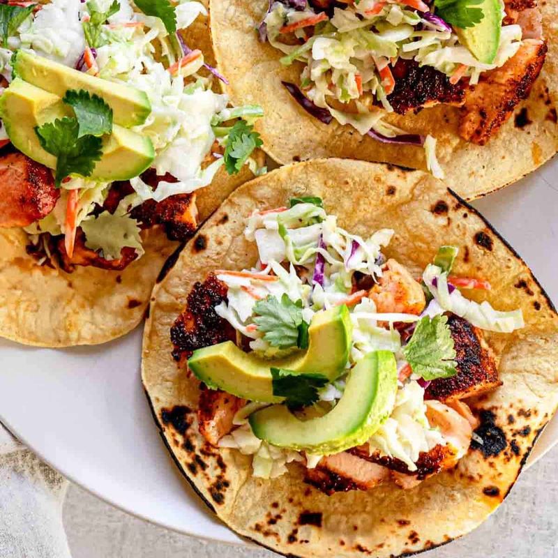 Salmon Tacos with Cilantro Lime Slaw