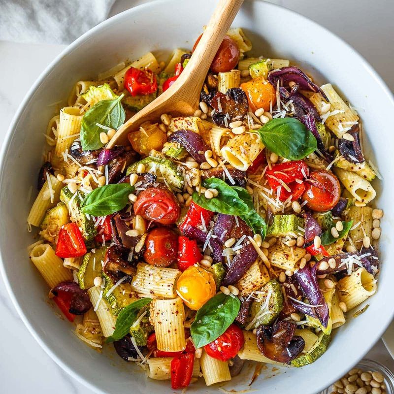 Roasted Veggie Penne with Basil Vinaigrette