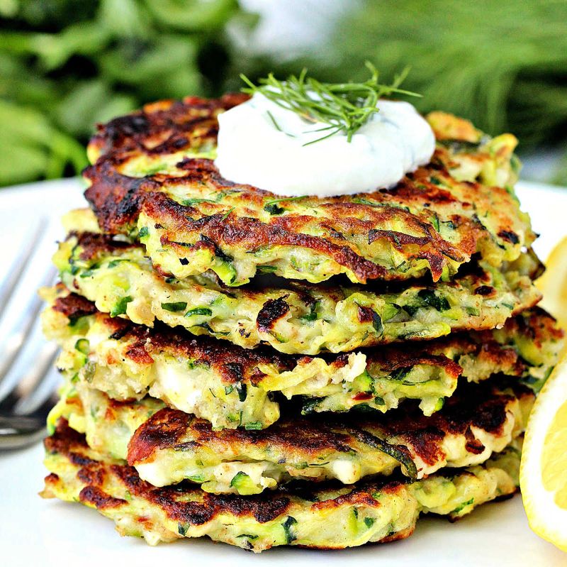 Zucchini fritters with a dollop of yogurt