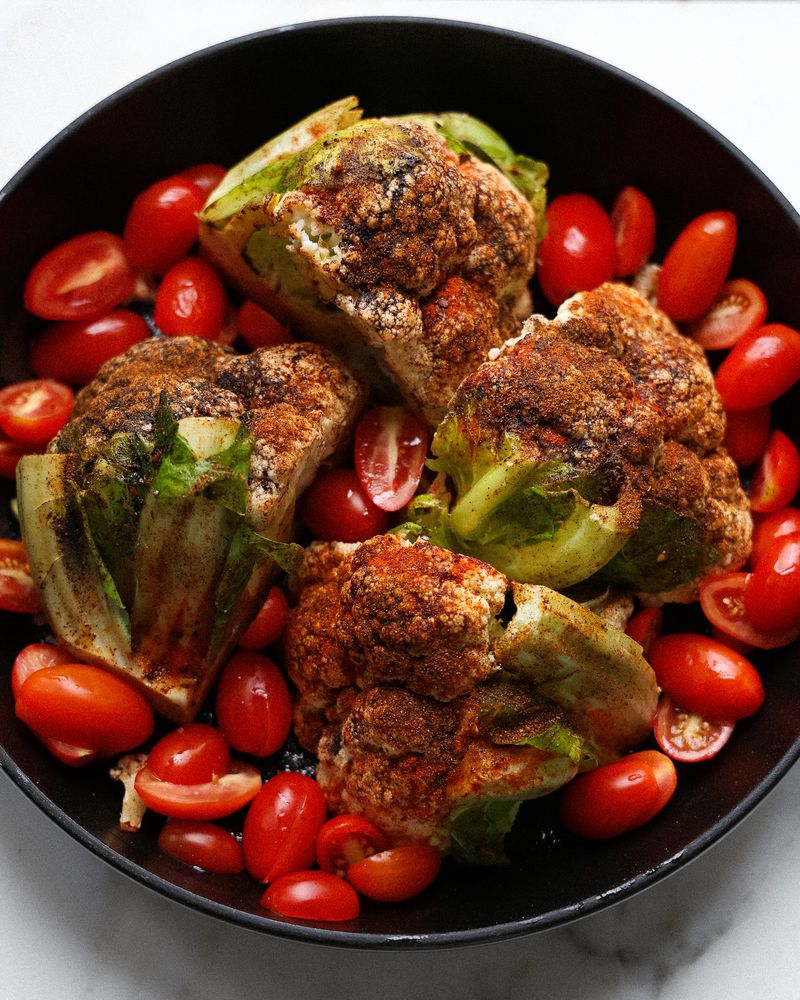 Baked Cauliflower and Tomato Feta Skillet