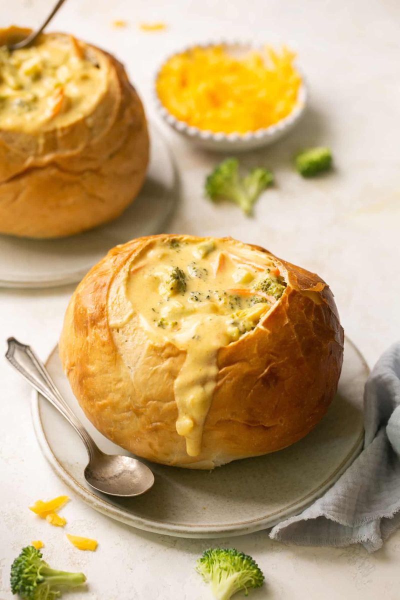 Panera Bread Broccoli Cheddar Soup in Bread Bowl