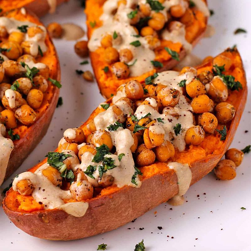 Harissa Chickpea Stuffed Sweet Potatoes