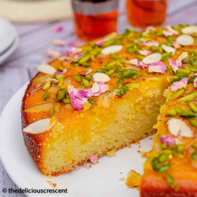 Cardamom Pistachio Honey Basbousa Cake
