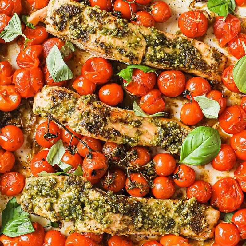 Pesto Salmon With Roasted Tomatoes