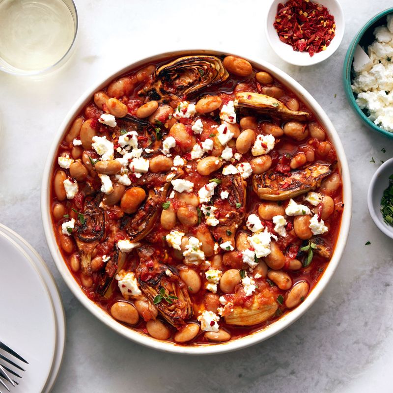 Saucy Beans and Artichoke Hearts With Feta