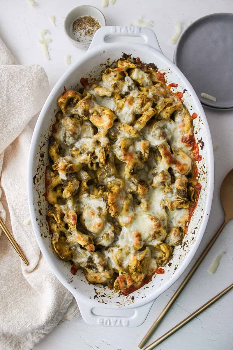 No-Boil Pesto Tomato Tortellini Bake