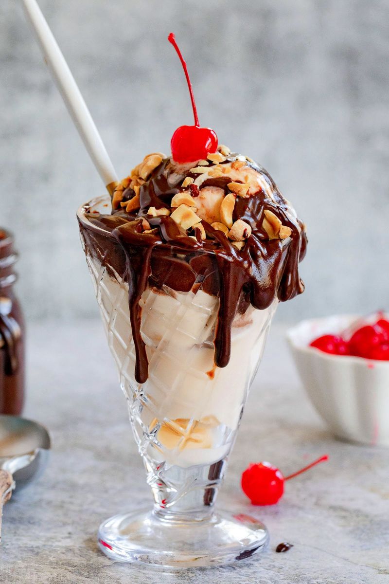 Ice cream with hot fudge and whipped cream