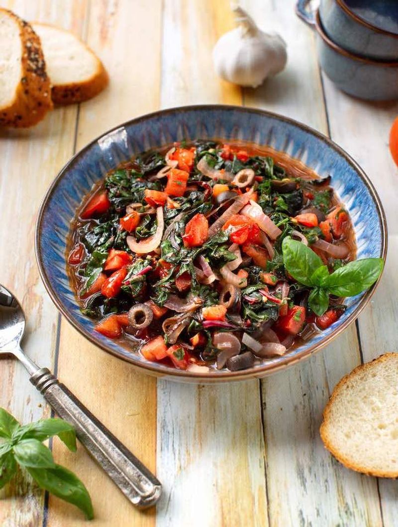 Tomato Garlic Braised Greens