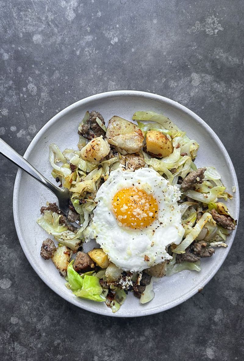 Cabbage and Potato Hash with a Fried Egg