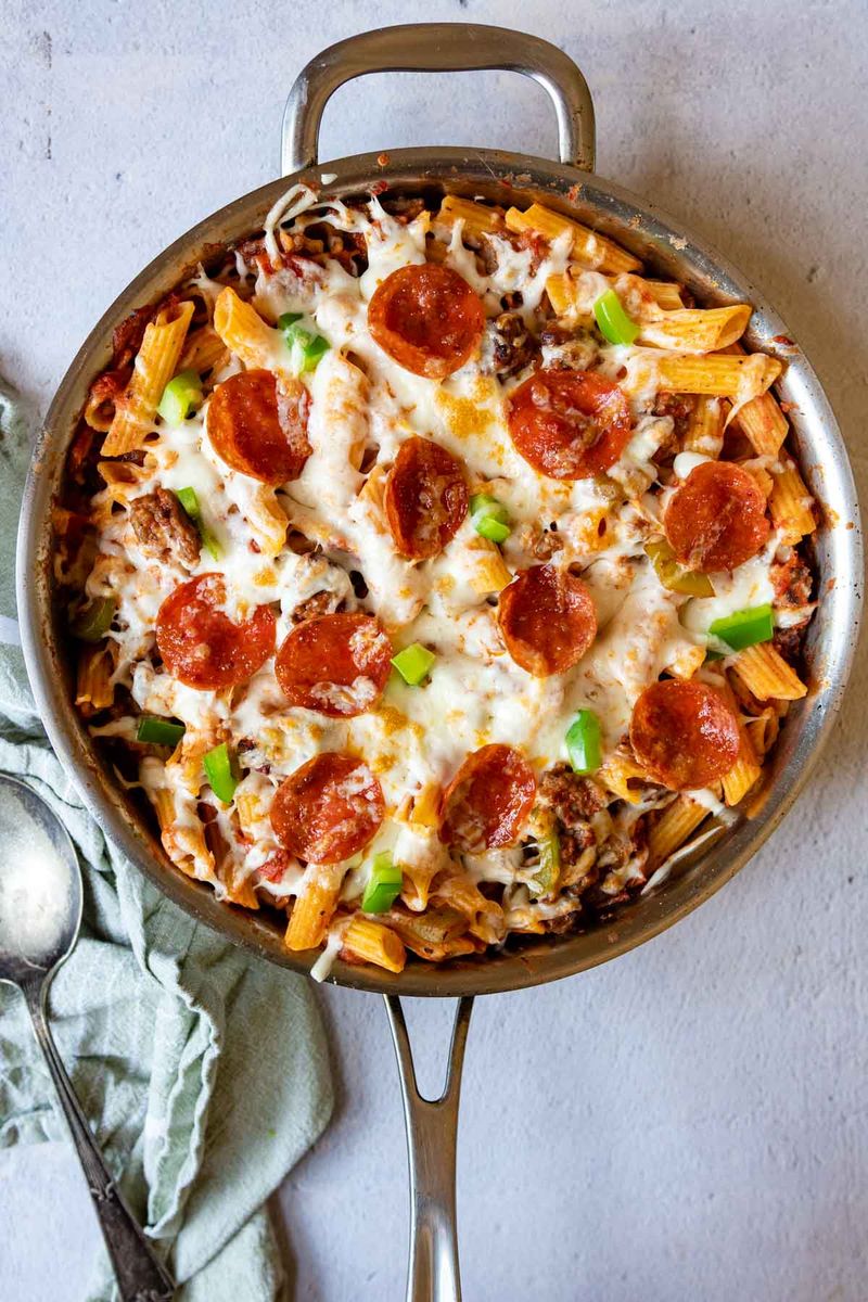 Sausage and Pepperoni Pizza Pasta Skillet