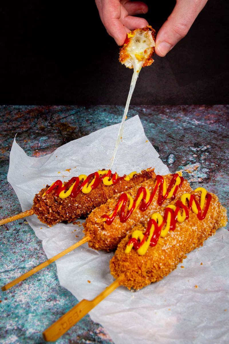 Potato-crusted Korean corn dogs (any good quick-serve)