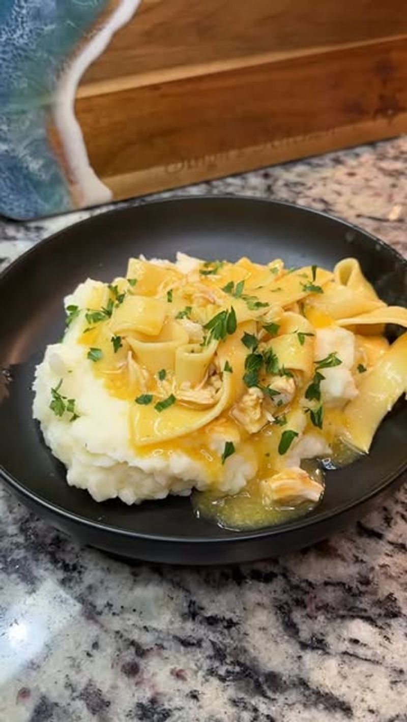 Chicken And Noodles Over Mashed Potatoes