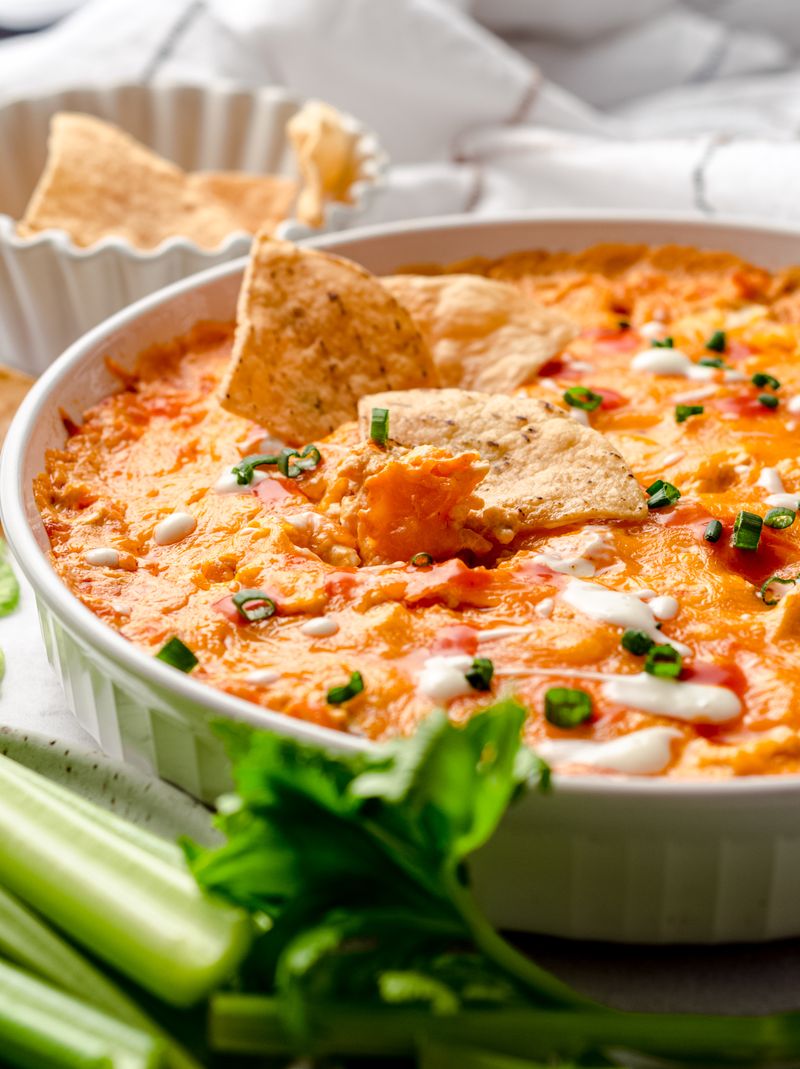 Buffalo Chicken Dip With Chips And Celery
