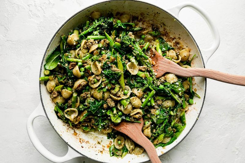 Beefy Broccolini Pesto Pasta Bake