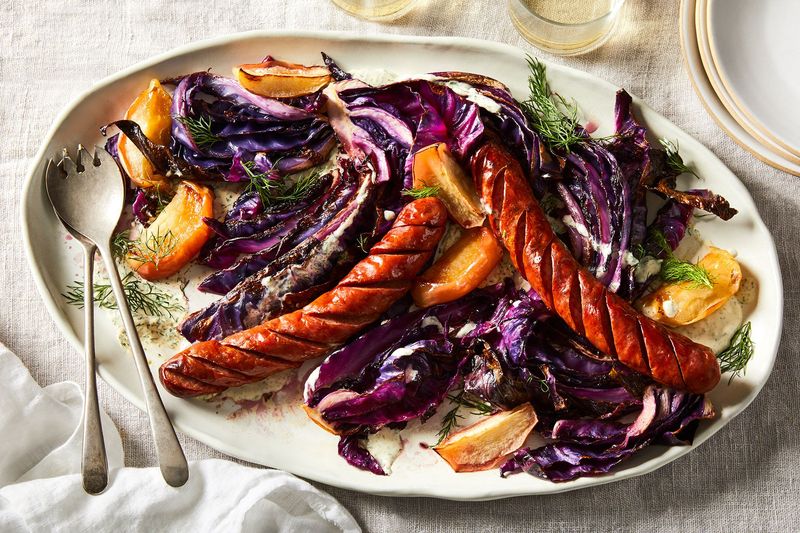 Red Cabbage with Kielbasa, Apple, and Mustard Cream