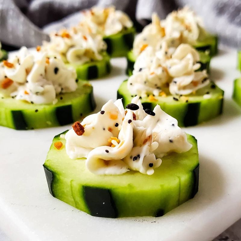 Cucumber Slices with Everything Seasoning and Cream Cheese