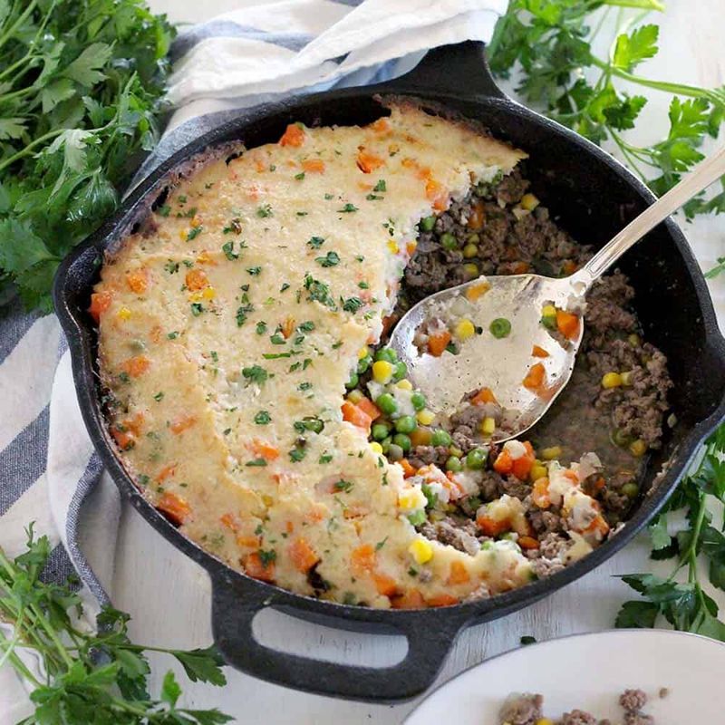 Skillet Shepherd’s Pie With Cauliflower Mash Top
