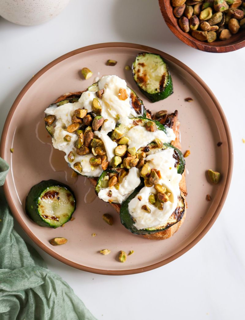 Charred Zucchini with Burrata and Pistachio