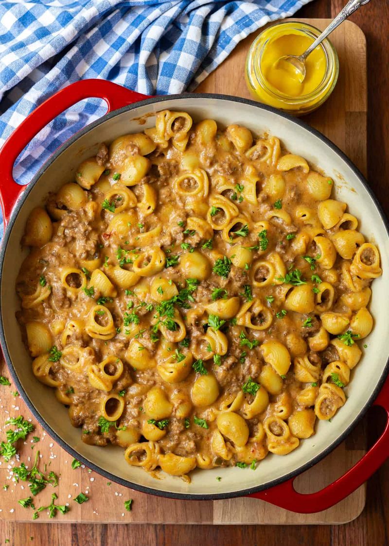 Beef and Cheddar Skillet Pasta